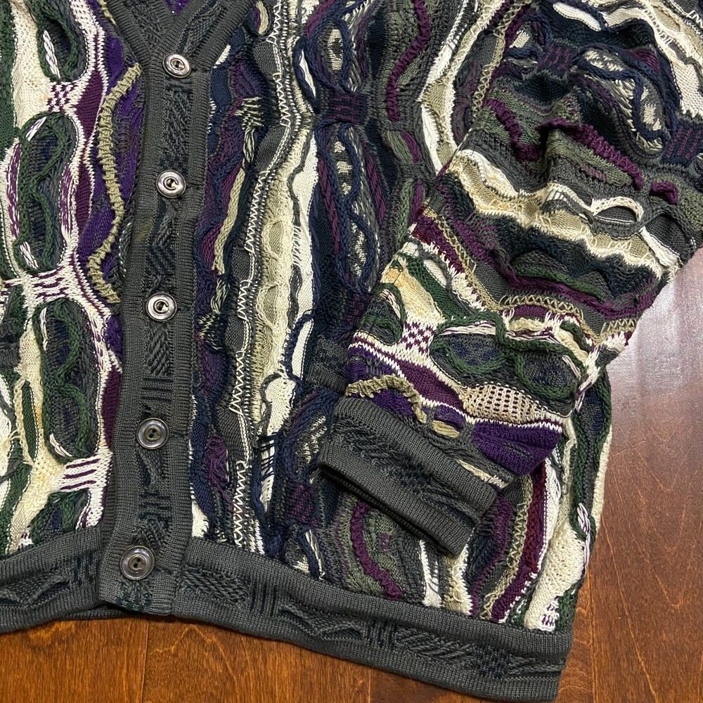 Coogi Australia Vintage 3D Chunky Knit Green Purple Cardigan Sweater Size M - Picture 3 of 9